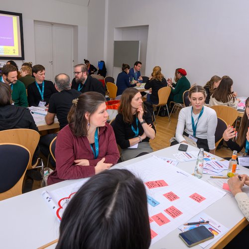 Personen um einen Tisch sitzend und stehend, auf dem ein Plakat mit bunten Post-It Zetteln liegt