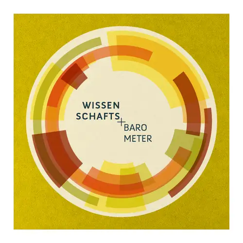 Das Keyvisual des Wissenschaftsbarometers. Ein Kreis, um den verschiedenfarbige (gelb, rot, orange) Kreisabschnitte herum sind. In der Mitte steht "Wissenschaftsbarometer"